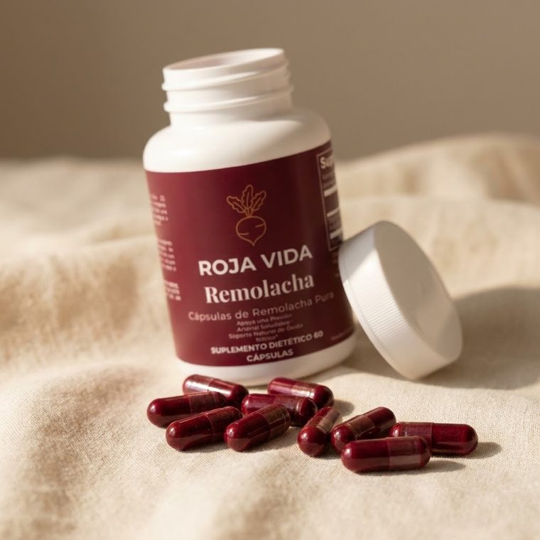 Deep red beetroot capsules beside the open bottle